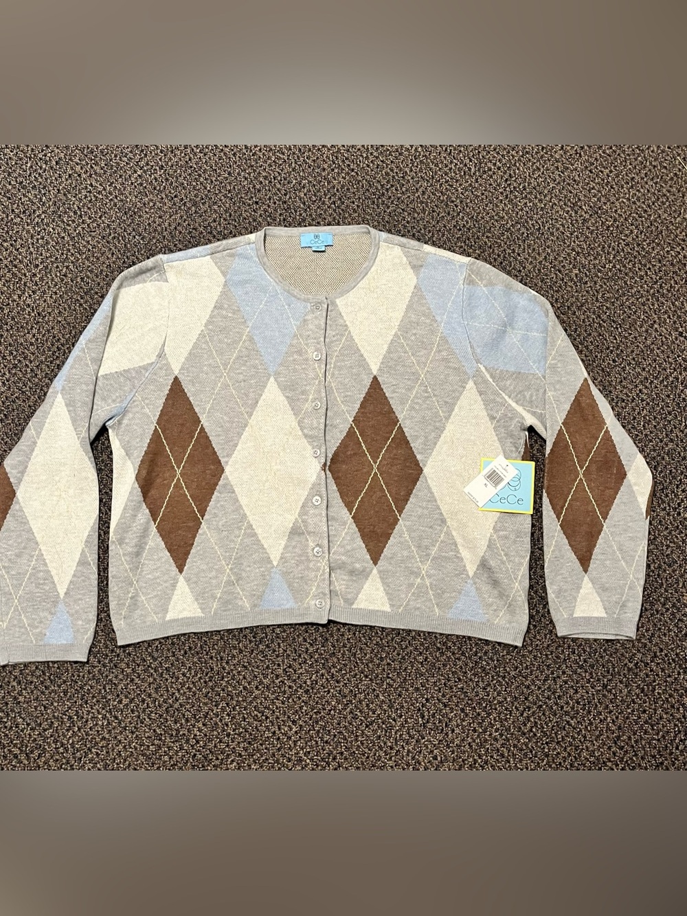 CeCe Gray Argyle Crewneck Button Cardigan with Brown and Light Blue Diamonds